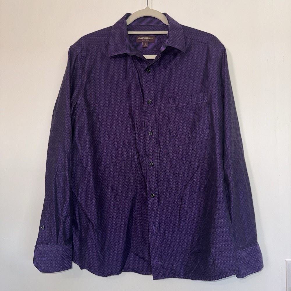Johnston Murphy Button up Dress Shirt Mens M Textured Herringbone Purple Royal